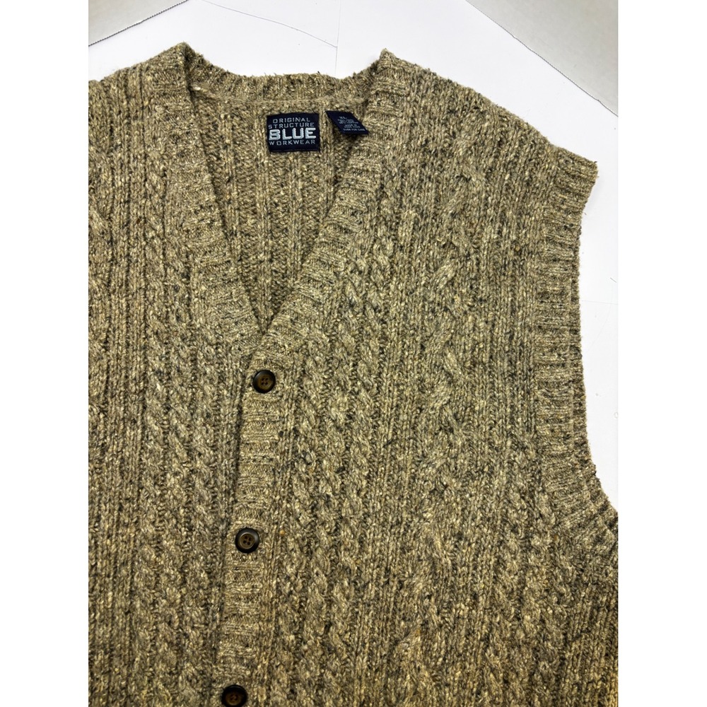 Original Structure Blue Workwear Mens XL Wool Silk Blend Cable Knit Cardigan Vst - Picture 3 of 9